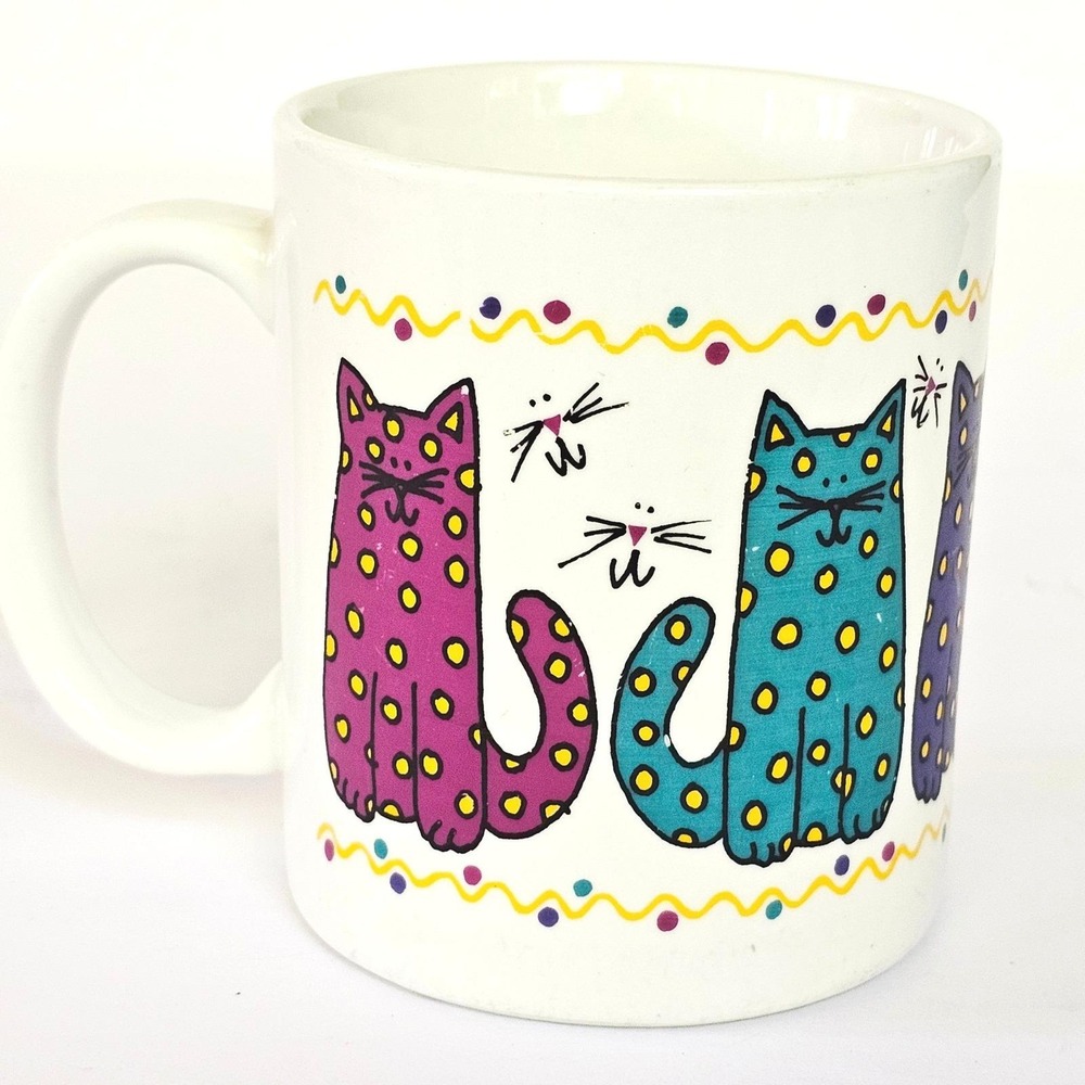 Vintage Wendelline Silver Phoenix Cat Mug Polka Dot Whimsical Pop Art Coffee Cup